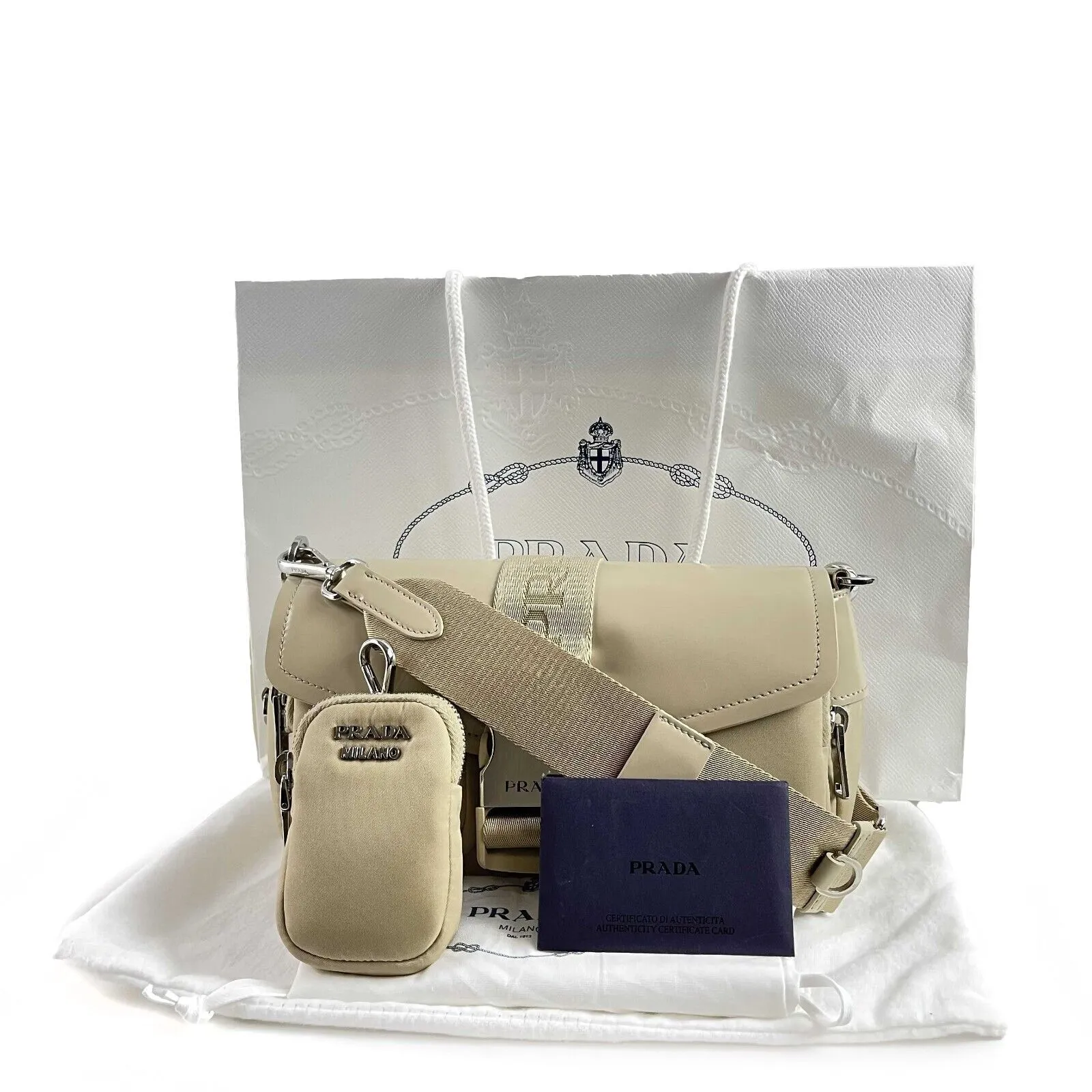 PRADA Re-Nylon Tessuto Brushed Calfskin Pocket Shoulder Bag Desert Beige Great