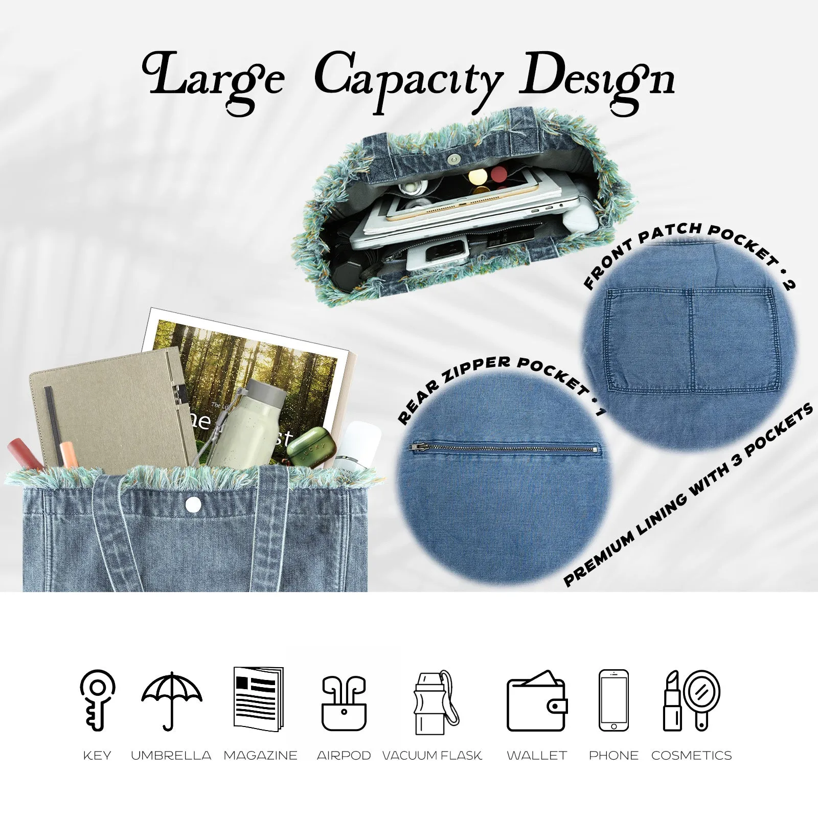 Premium Green Yarn Fringe Boho Designer Women Purse, 2025 Summer Lightweight Foldable Large Denim Tote Bag with Pockets