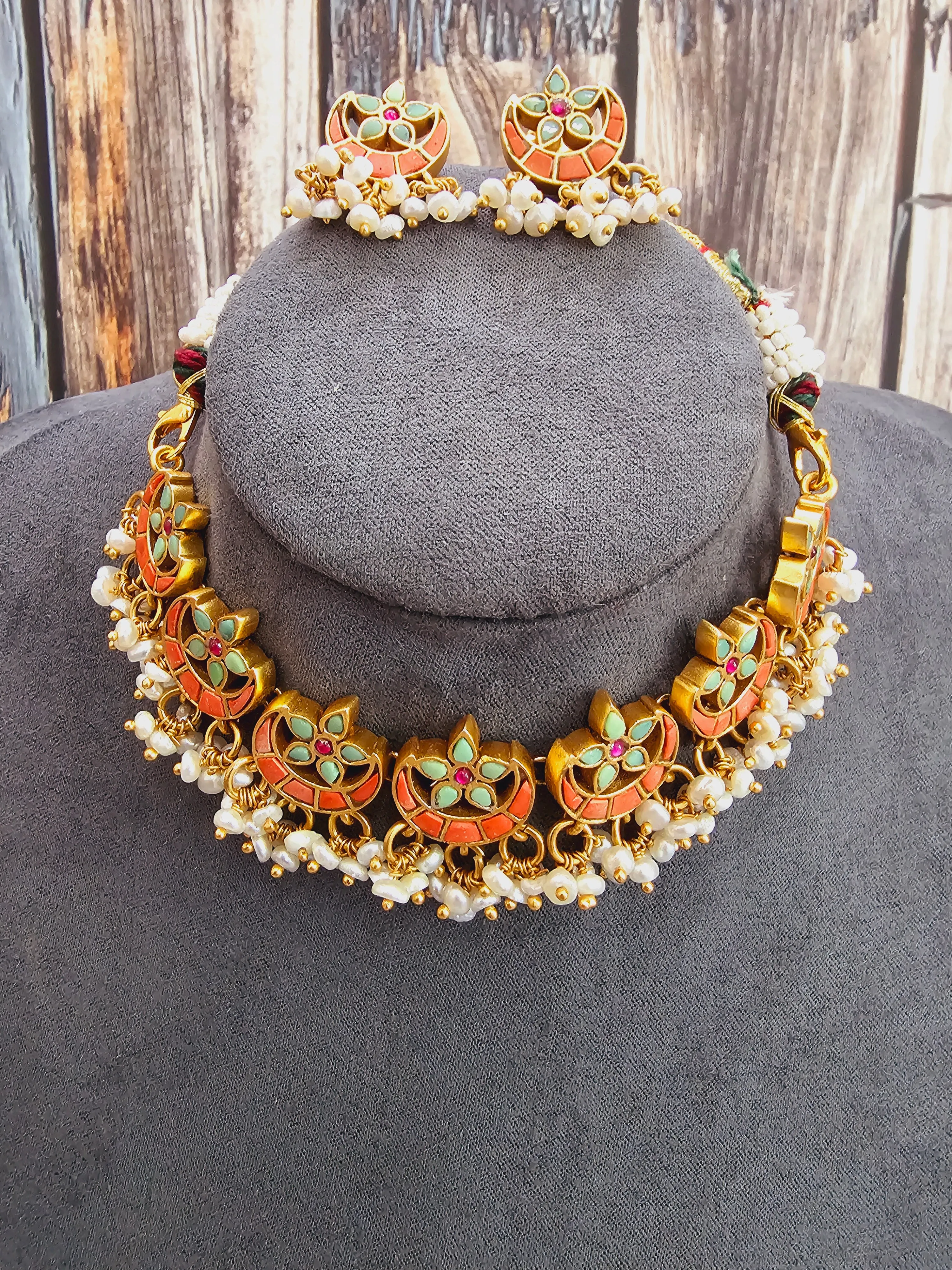 Pure 925 Silver Coral Choker Necklace and Earring Set