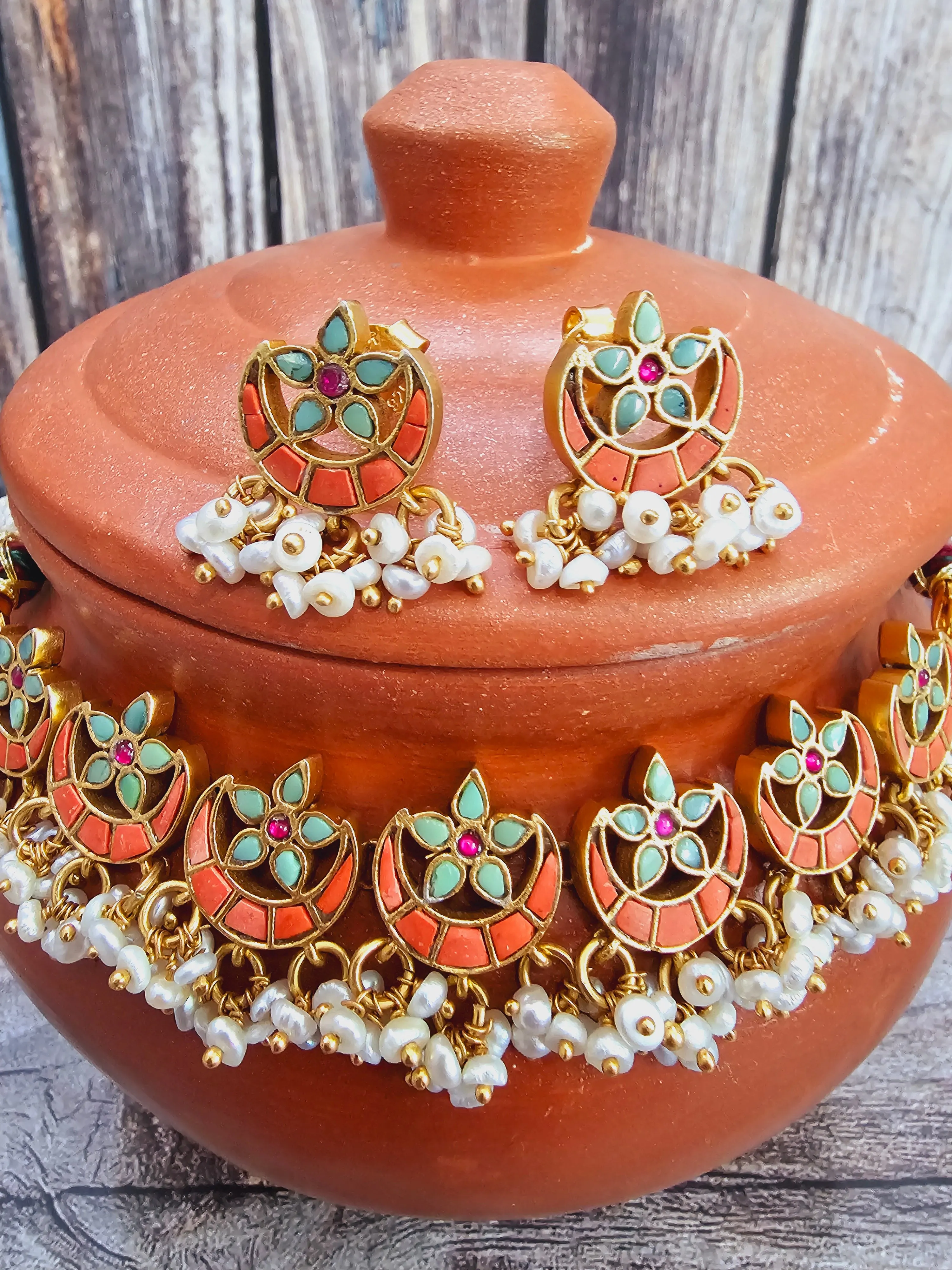 Pure 925 Silver Coral Choker Necklace and Earring Set