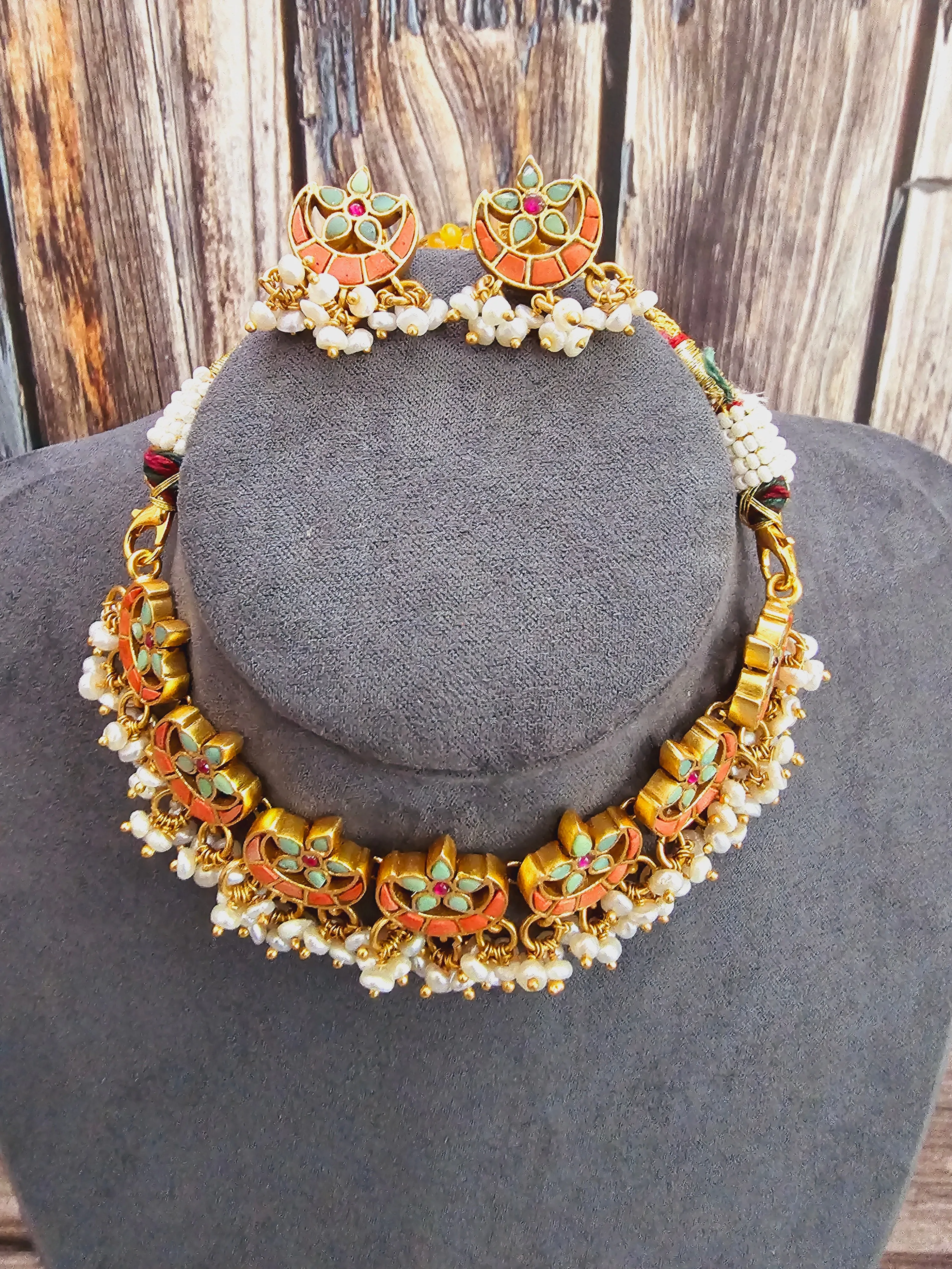 Pure 925 Silver Coral Choker Necklace and Earring Set