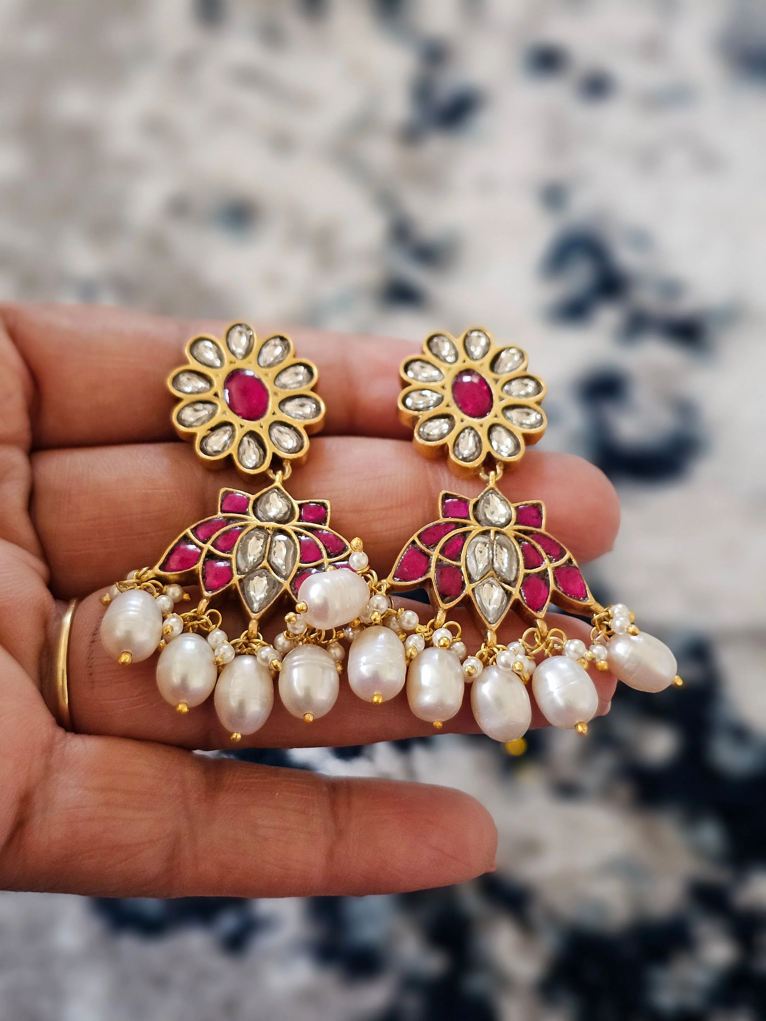 Pure 925 Silver Jadau Kundan Earrings