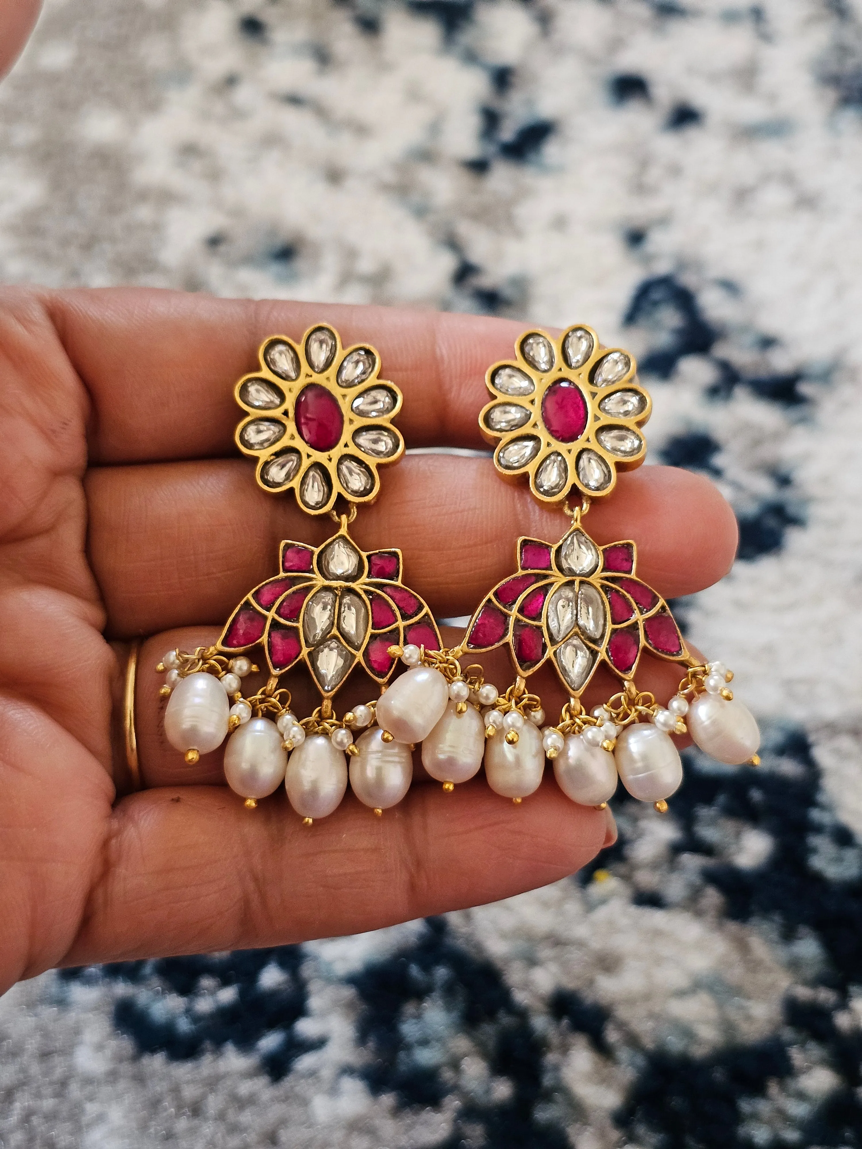 Pure 925 Silver Jadau Kundan Earrings
