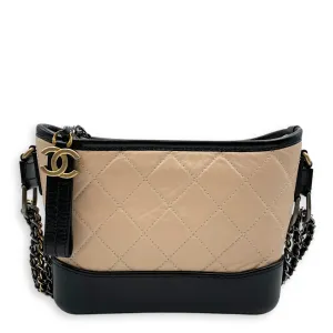 Quilted Gabrielle Small Beige/Black Crossbody Bag in Distressed Leather, 3-Tone hardware