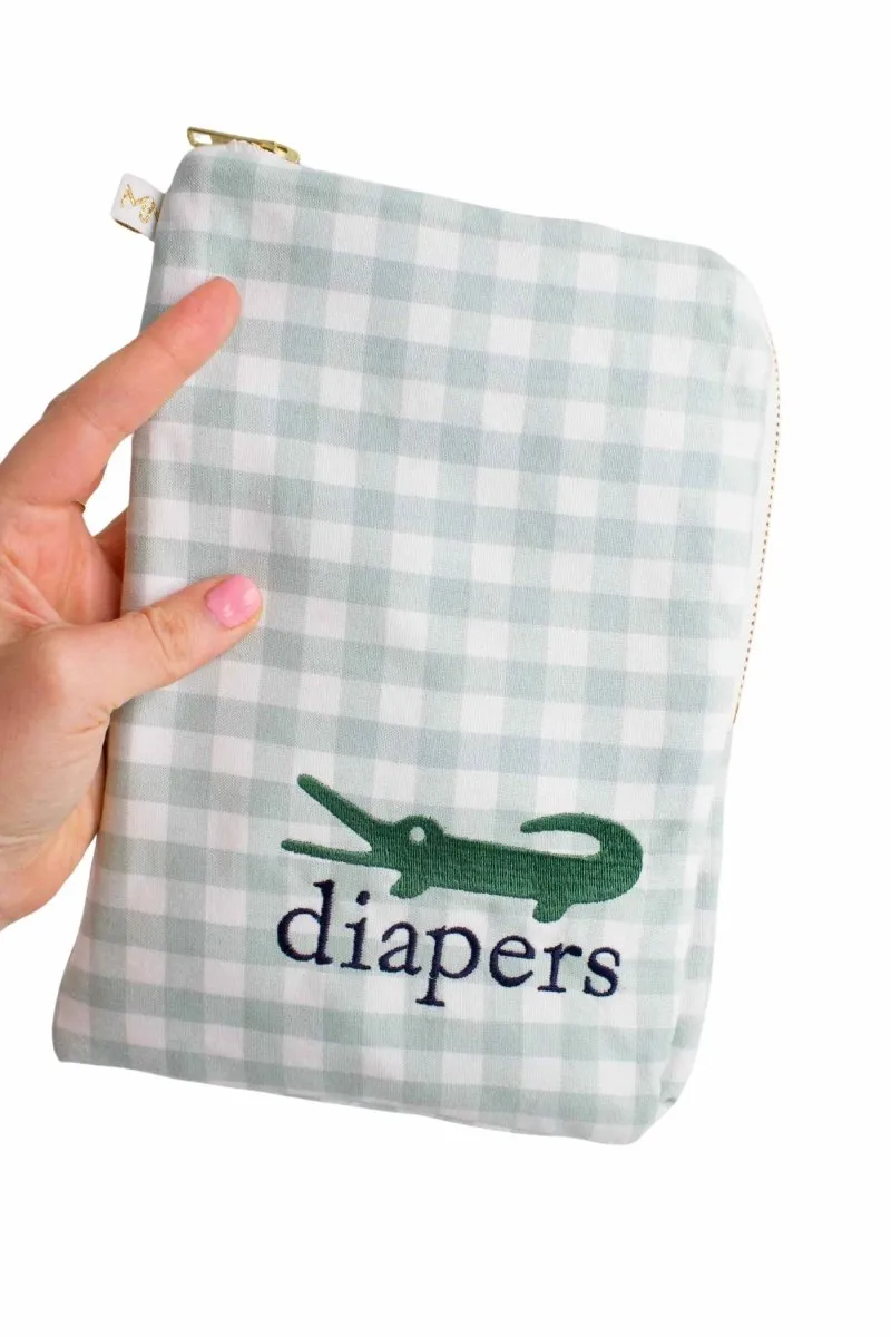 Sage Gingham Alligator Everyday Diaper Pouch