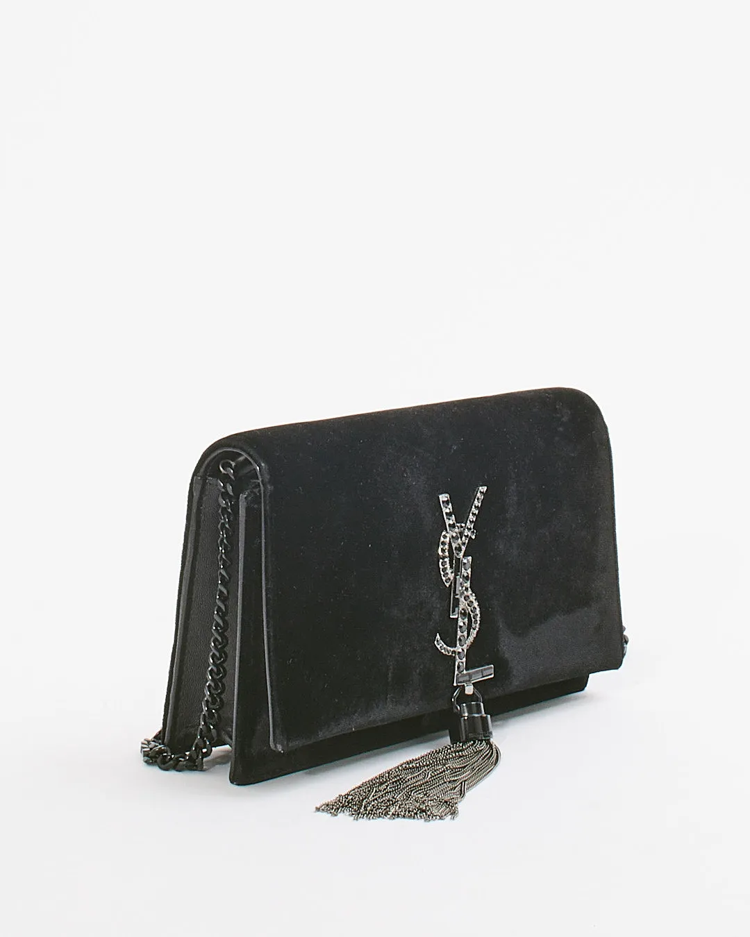 Saint Laurent Black Velvet Crystal Logo Small Kate Tassel Bag