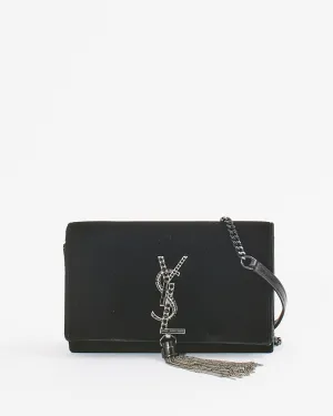 Saint Laurent Black Velvet Crystal Logo Small Kate Tassel Bag