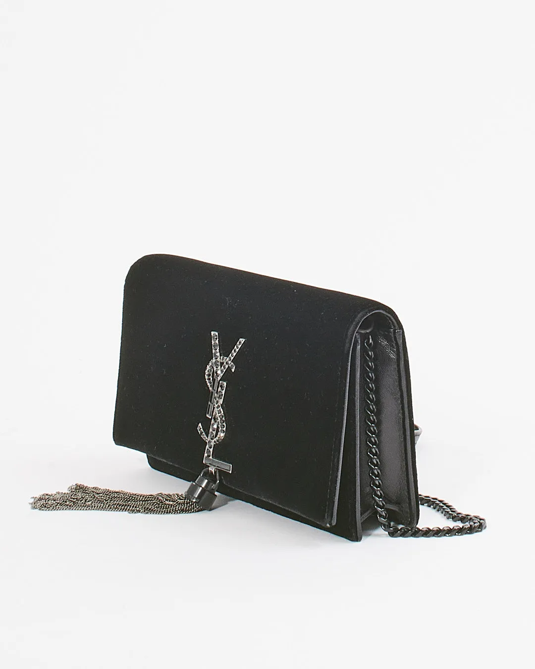 Saint Laurent Black Velvet Crystal Logo Small Kate Tassel Bag