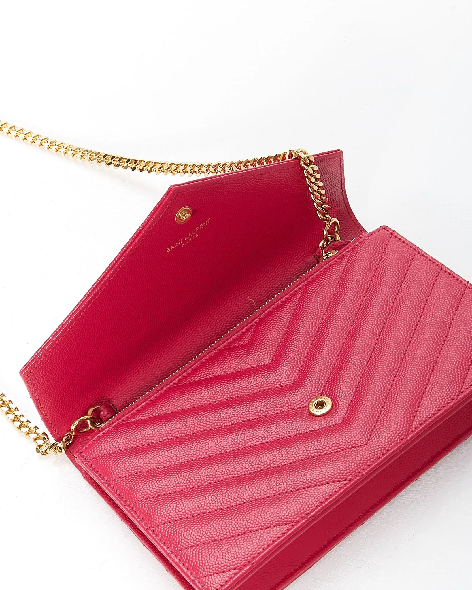 Saint Laurent Fuchsia Chevron Small Matelasse Monogram Wallet On Chain