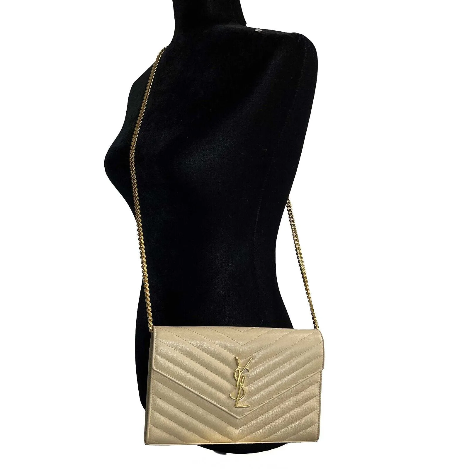 Saint Laurent - YSL Monogramme Grain de Poudre Wallet Chain / Beige Crossbody