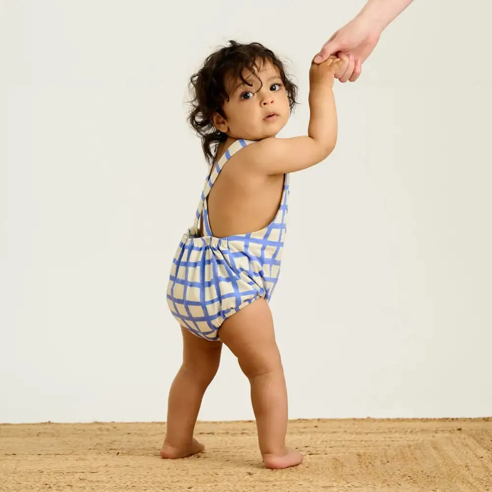 Scooter - Blue Checker Jersey Baby Bubble Romper
