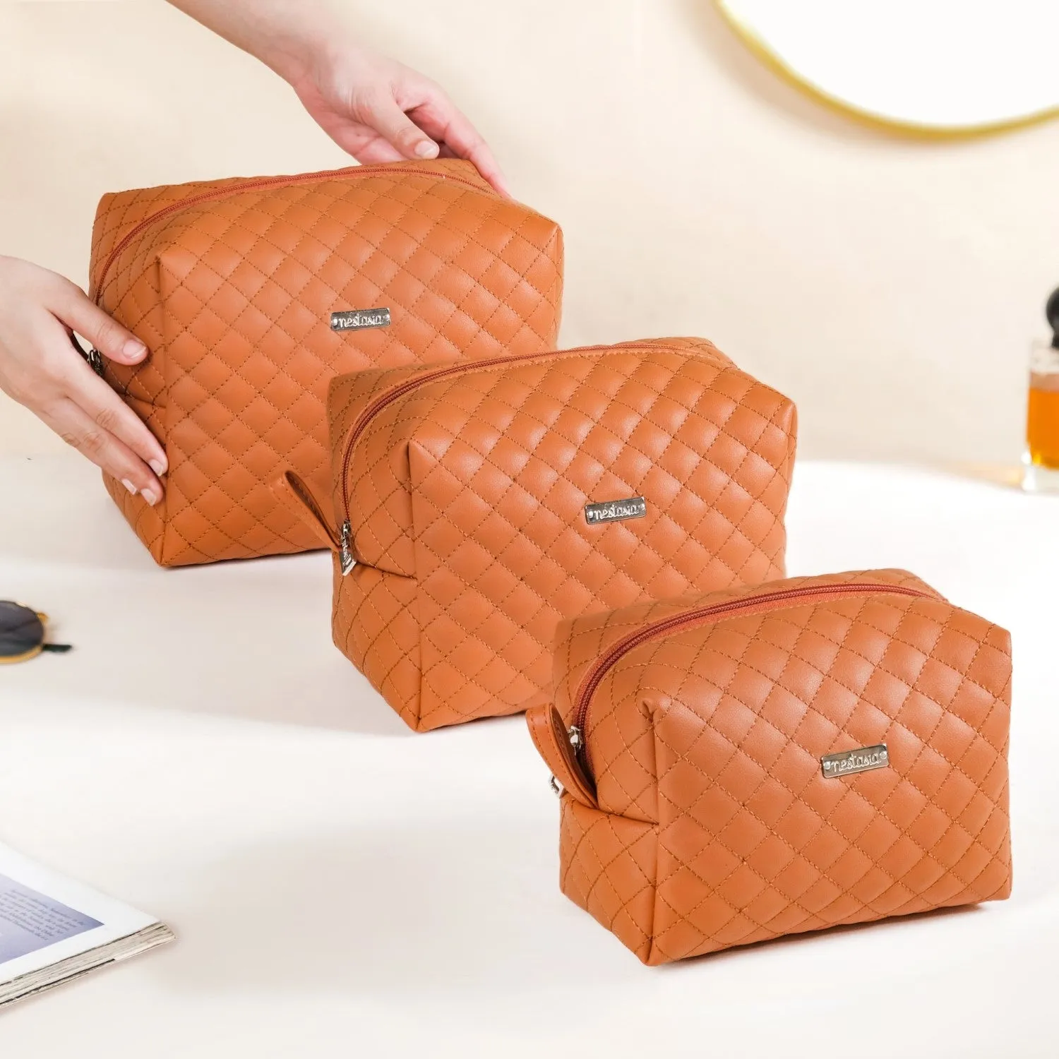 Set Of 3 Water Resistant Makeup Pouches Tan