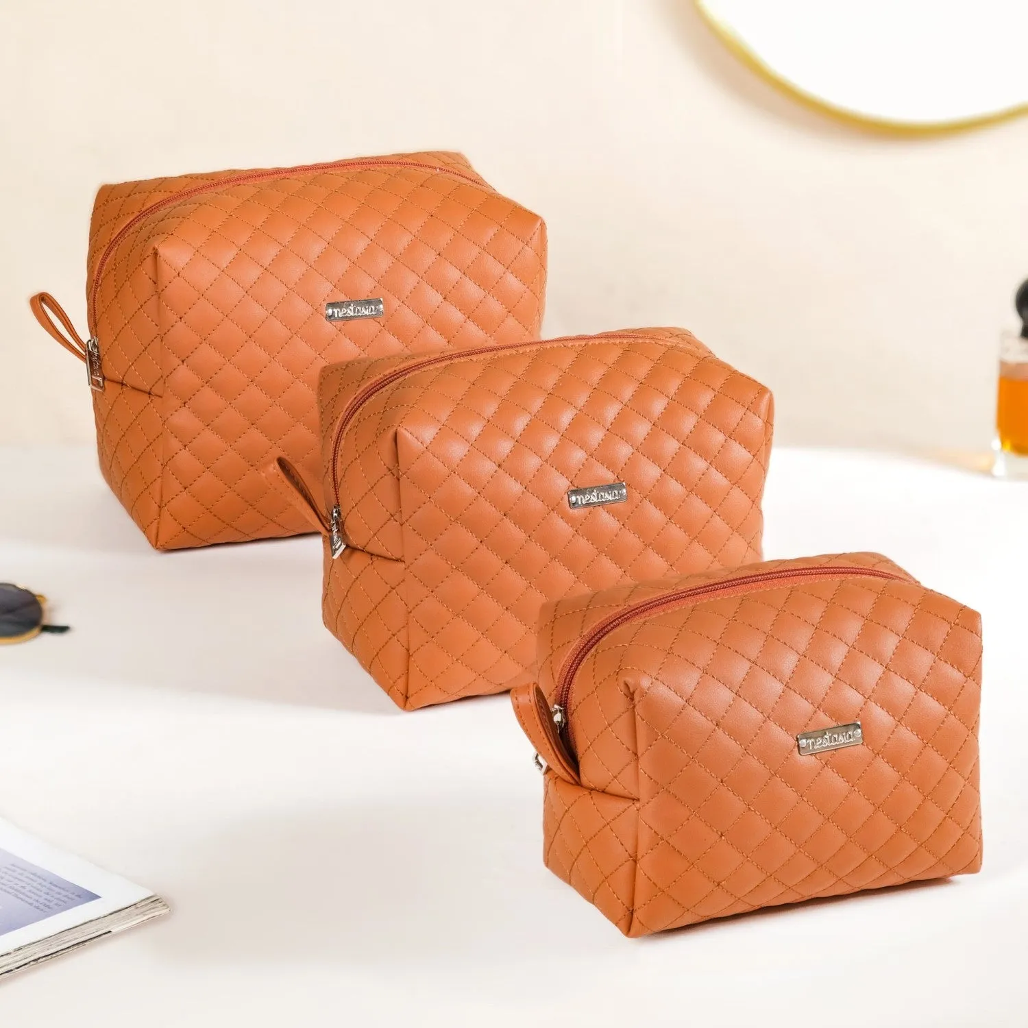 Set Of 3 Water Resistant Makeup Pouches Tan