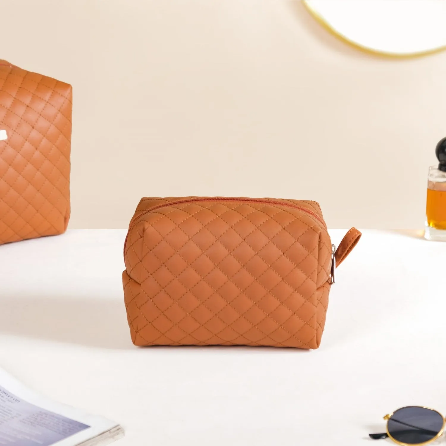 Set Of 3 Water Resistant Makeup Pouches Tan
