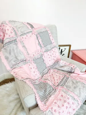 Shabby Baby Blanket Pink Crib Bedding, Baby Girl Rag Quilt, Patchwork Baby Quilt Floral Comforter Bed Spreads, Baby Girl