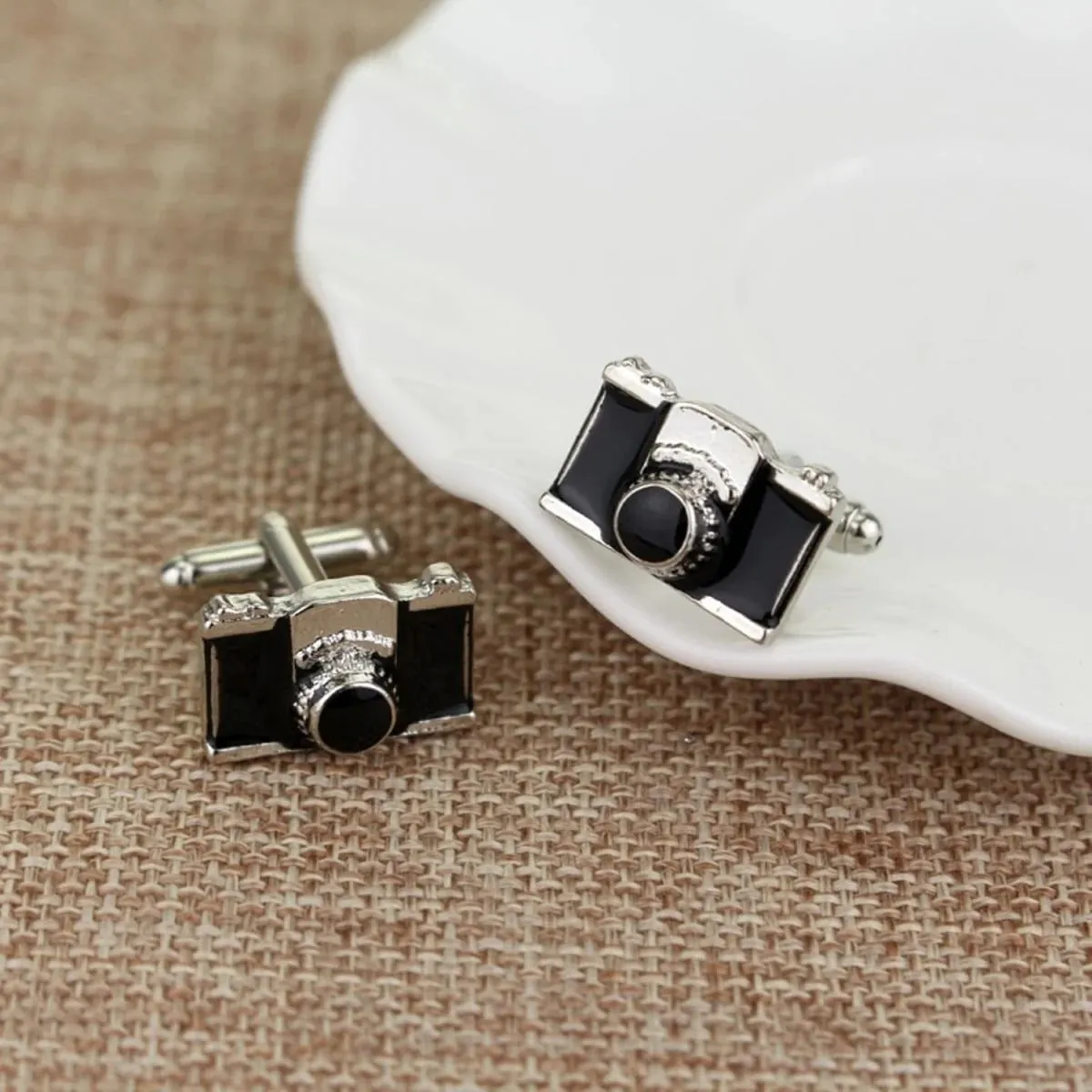Sleek Black Camera Cufflinks in Presentation Gift Box