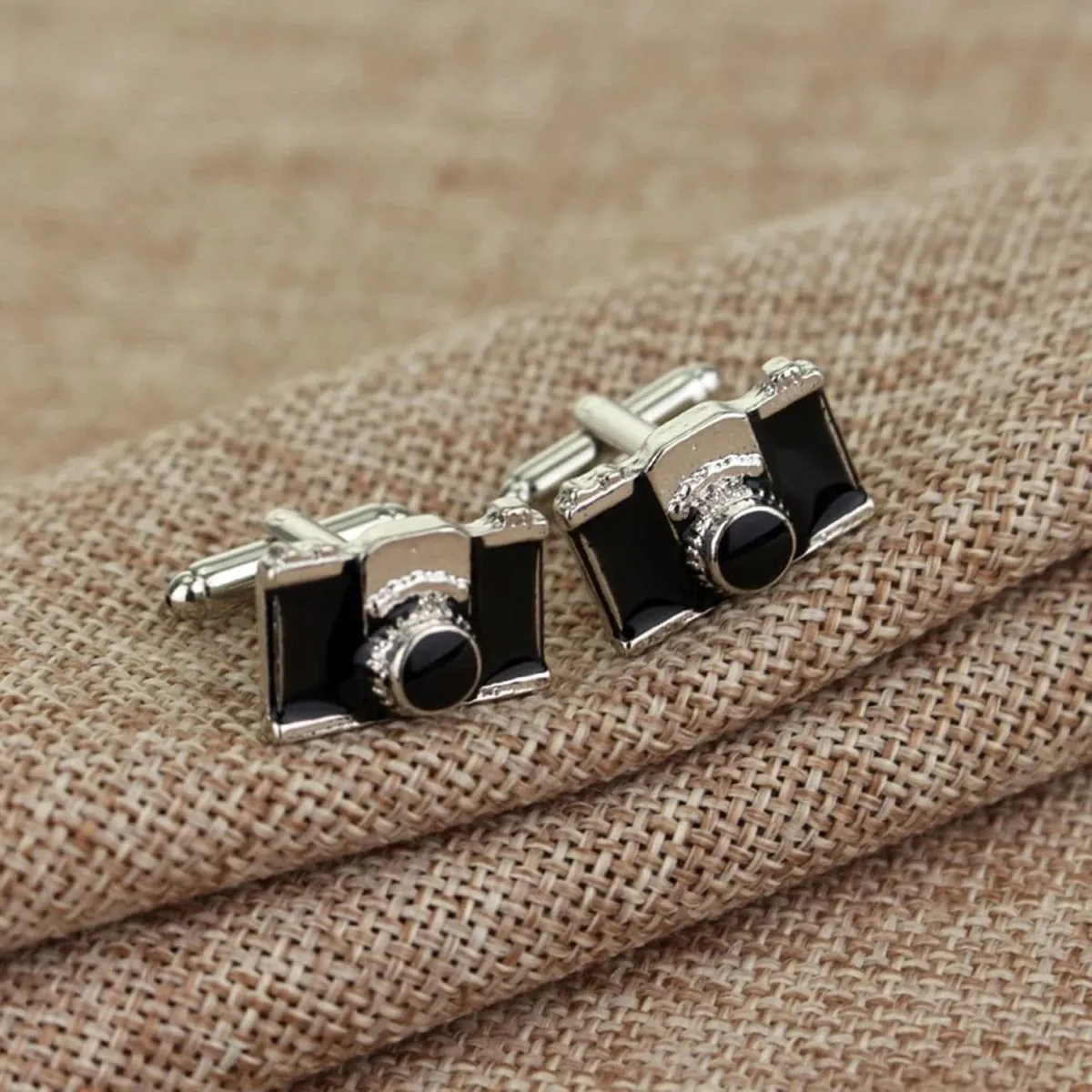Sleek Black Camera Cufflinks in Presentation Gift Box