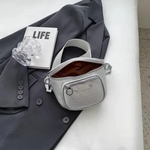 Sleek Silver Texture PU Leather Crossbody Bag