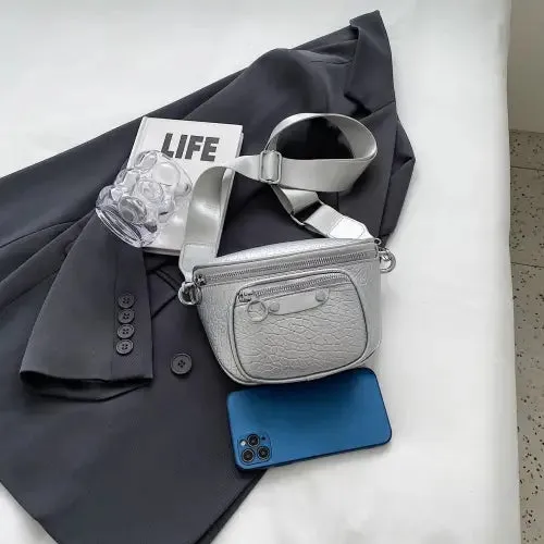 Sleek Silver Texture PU Leather Crossbody Bag