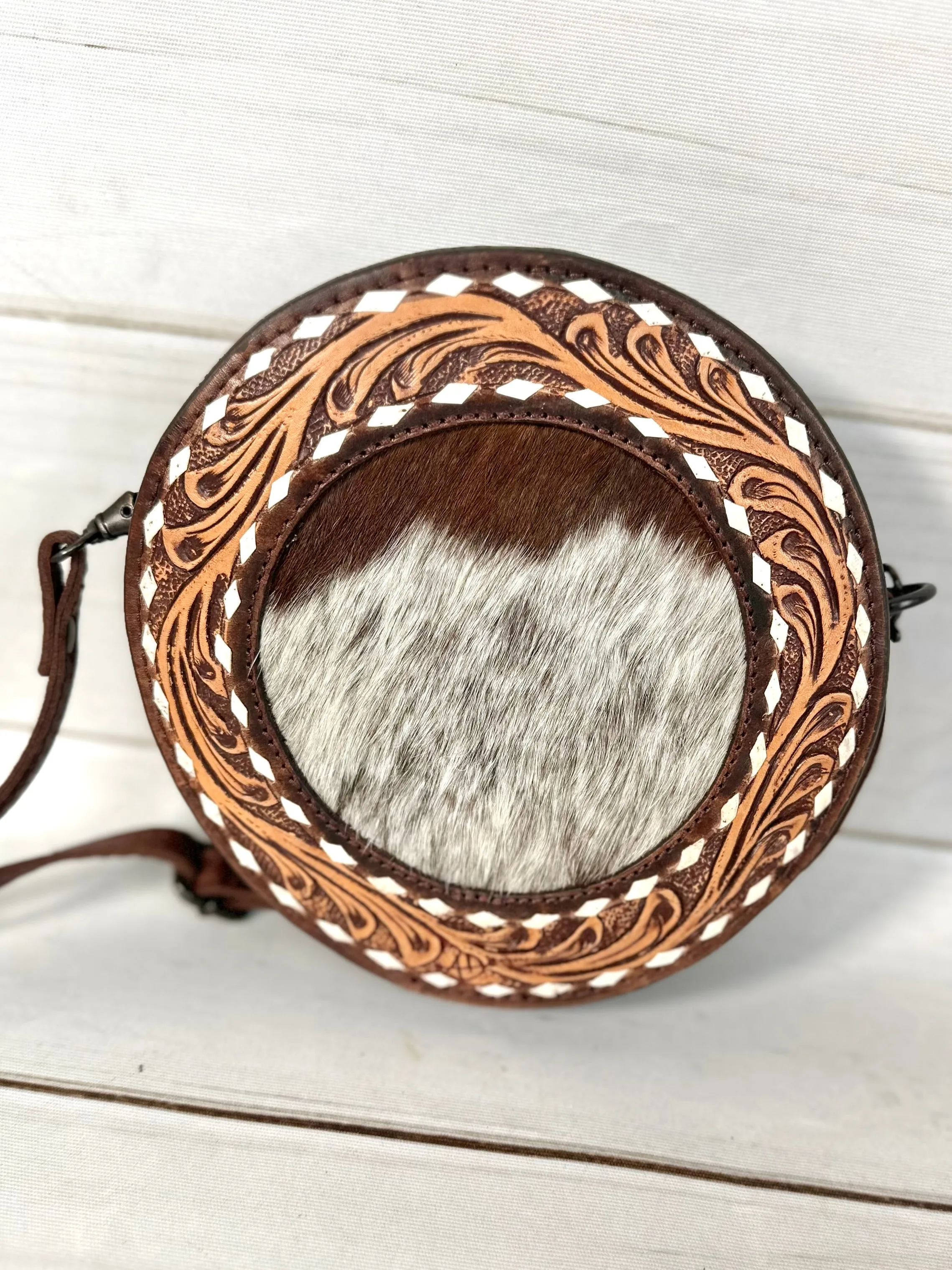 Small Round Cowhide Leather Crossbody Bag