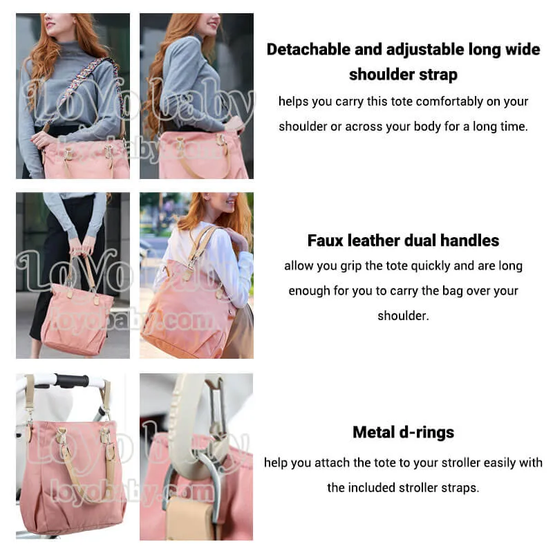 Stylish Waterproof Nylon Diaper Tote Bag For Mom With Shoulder Strap