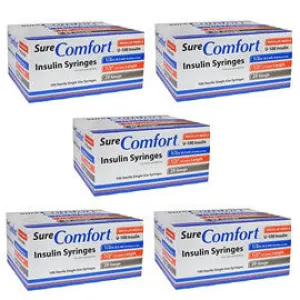 SureComfort U-100 Insulin Syringes 29g 1/2cc 1/2in 100/bx Case of 5