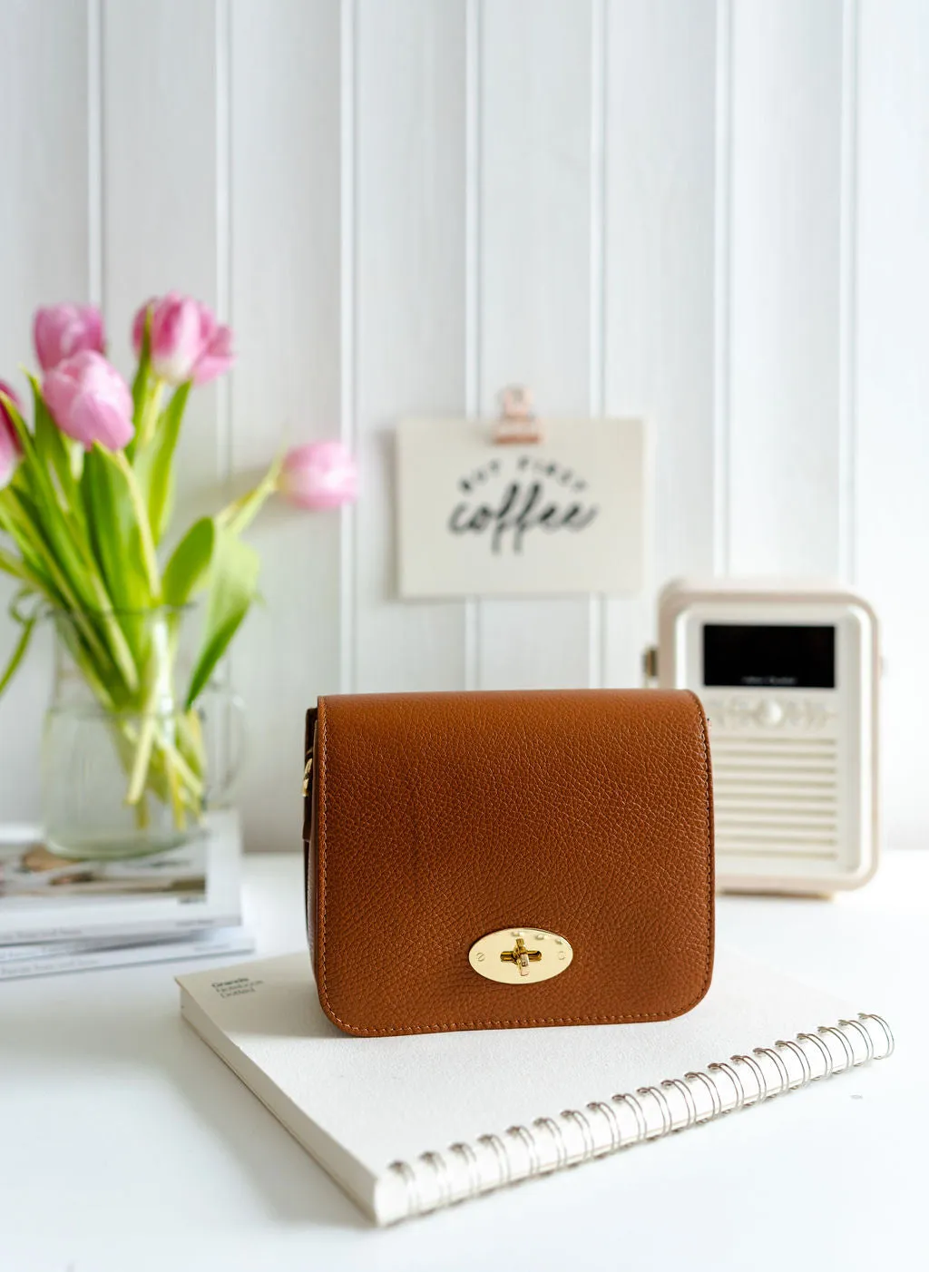 Tan Leather Crossbody Lock Bag