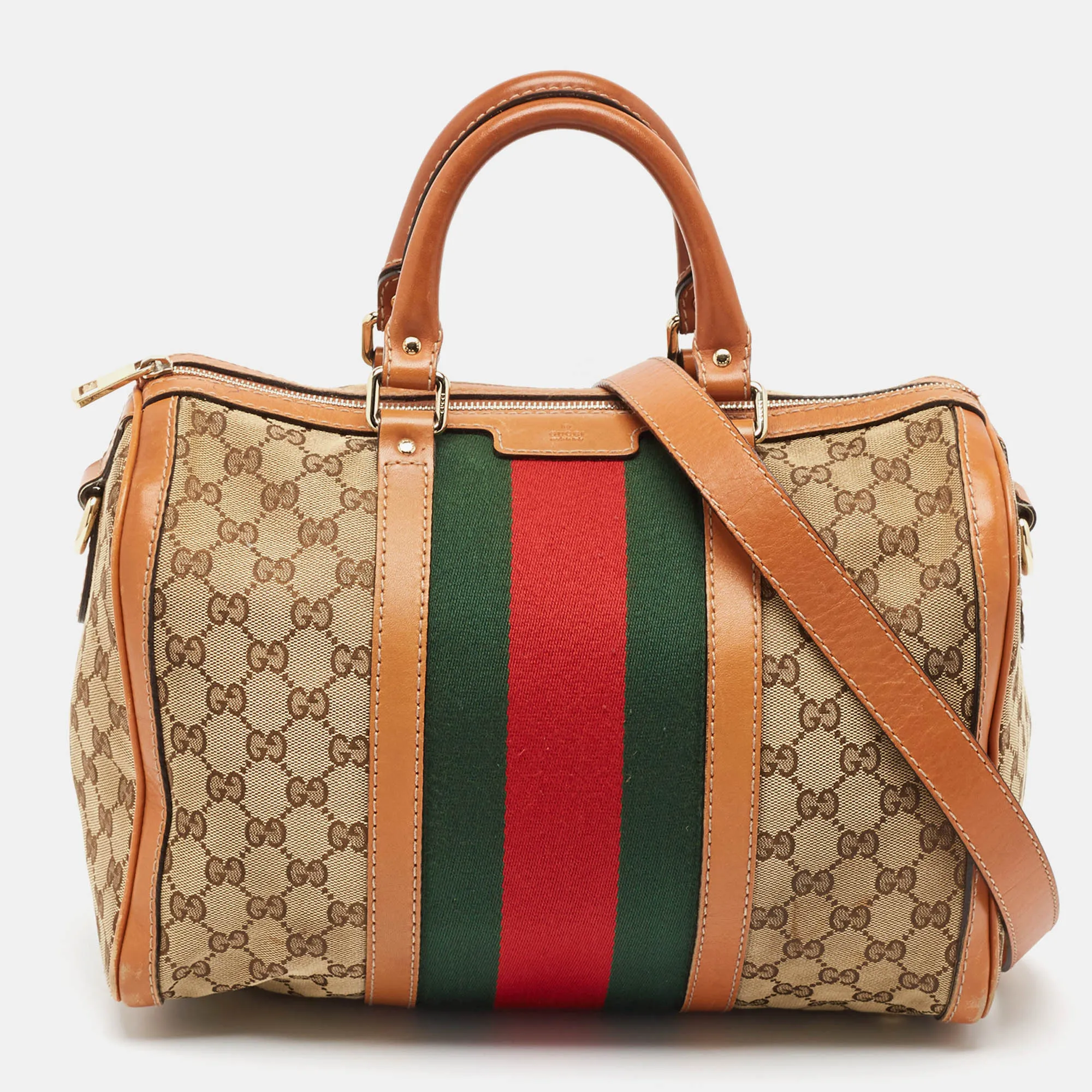 Tan/Beige GG Canvas Medium Vintage Web Boston Bag