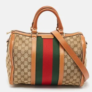 Tan/Beige GG Canvas Medium Vintage Web Boston Bag