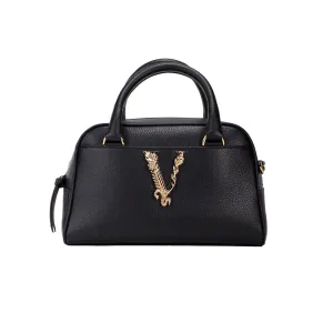 Versace Virtus Small Black Grainy Leather Bowling Top Handle Crossbody Handbag