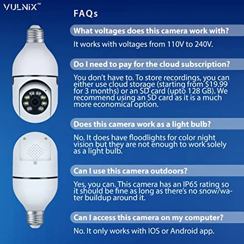 VULNiX E27 Light Bulb Camera WiFi Outdoor Indoor 1080p 360 Degree Panoramic Smart Home Security Wireless Smartbulb Cam Dome Surveillance IP HD CCTV Night Vision Lightbulb Socket Bombillo Camara