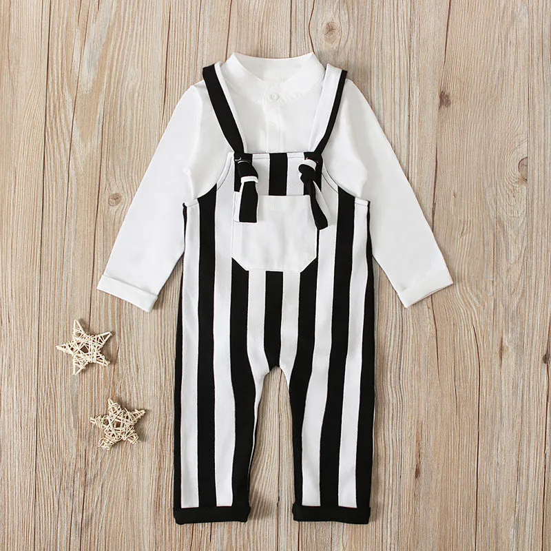 White Romper With Striped Dungarees 2PCS Set 12M-24M