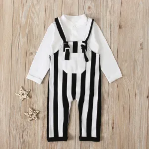 White Romper With Striped Dungarees 2PCS Set 12M-24M