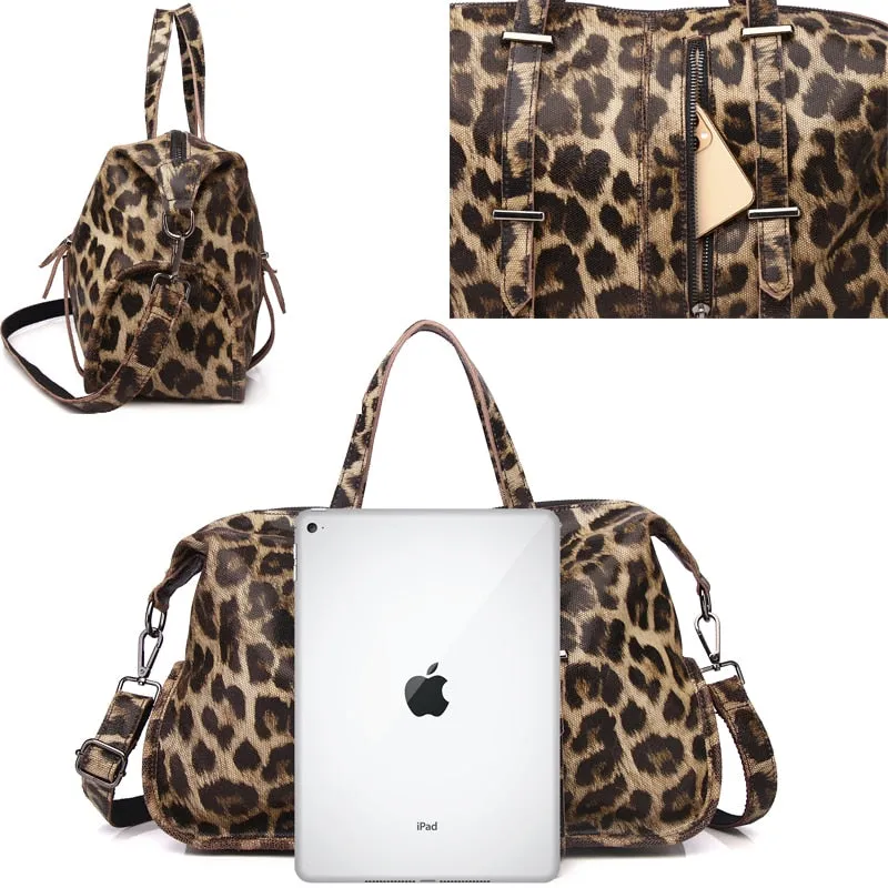 Women Large Capacity Top-handle Bag Leopard Pattern Genuine Leather Handbag