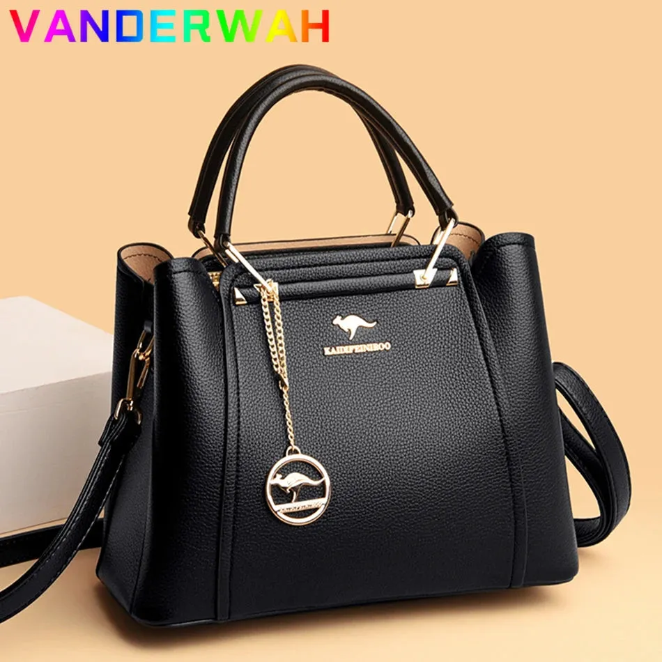 Women's Designer Soft Leather Handbag - 3-Layer Large Capacity Shoulder & Crossbody Tote