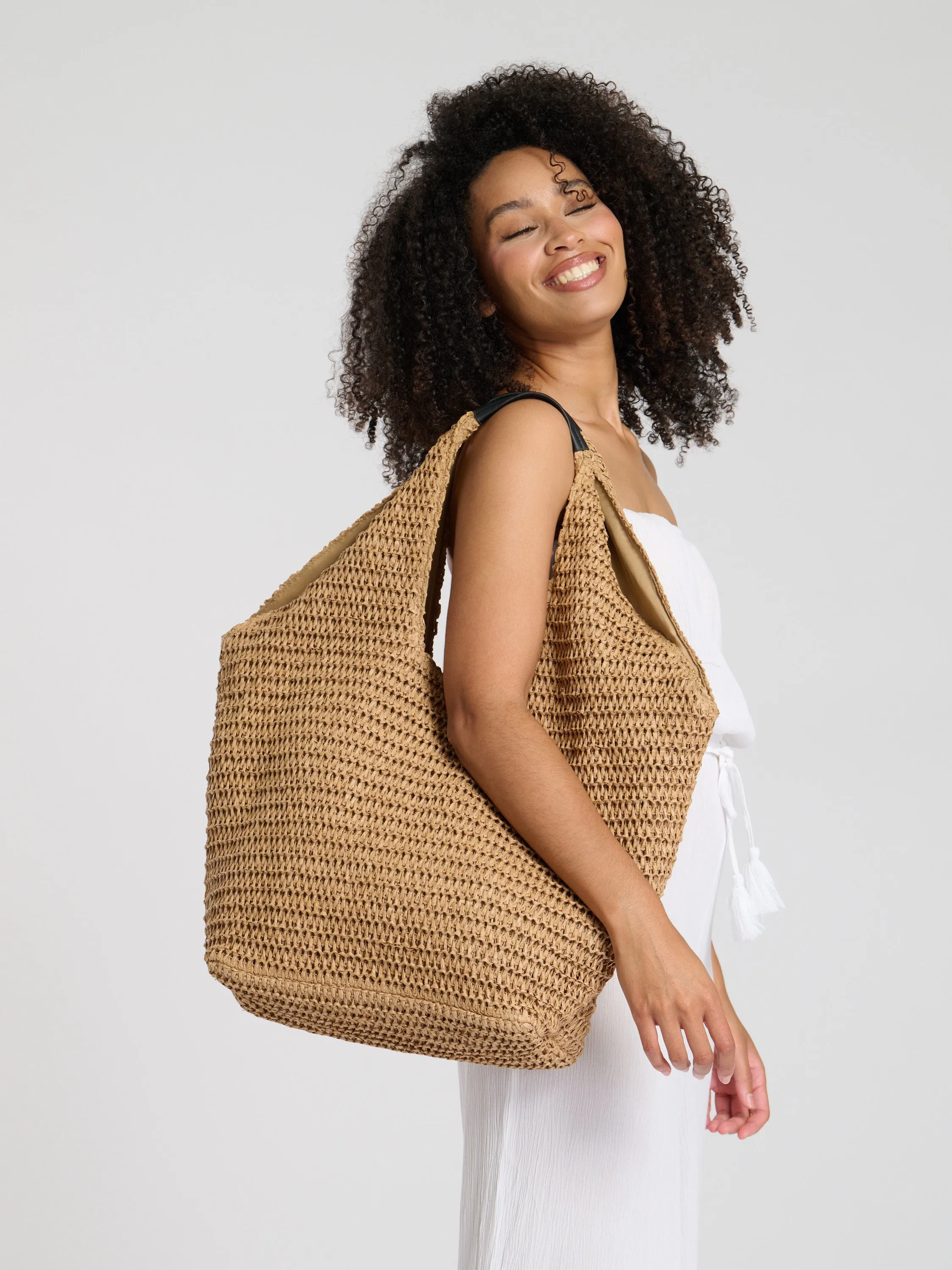Woven Oversized Shoulder Tote Bag in Beige