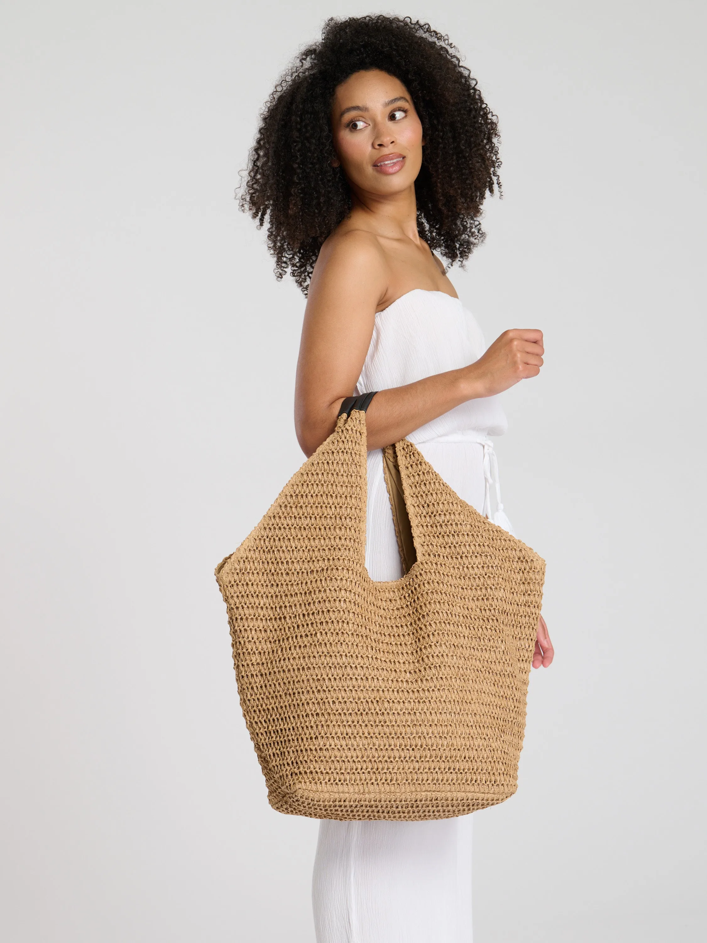 Woven Oversized Shoulder Tote Bag in Beige